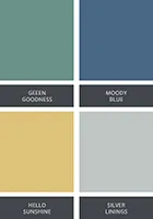 paint color swatches green blue yellow and silver