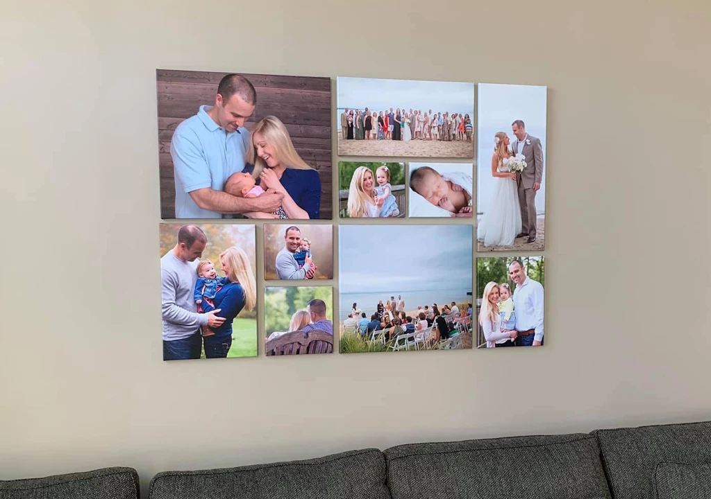 picture collage of family professional hung on a wall