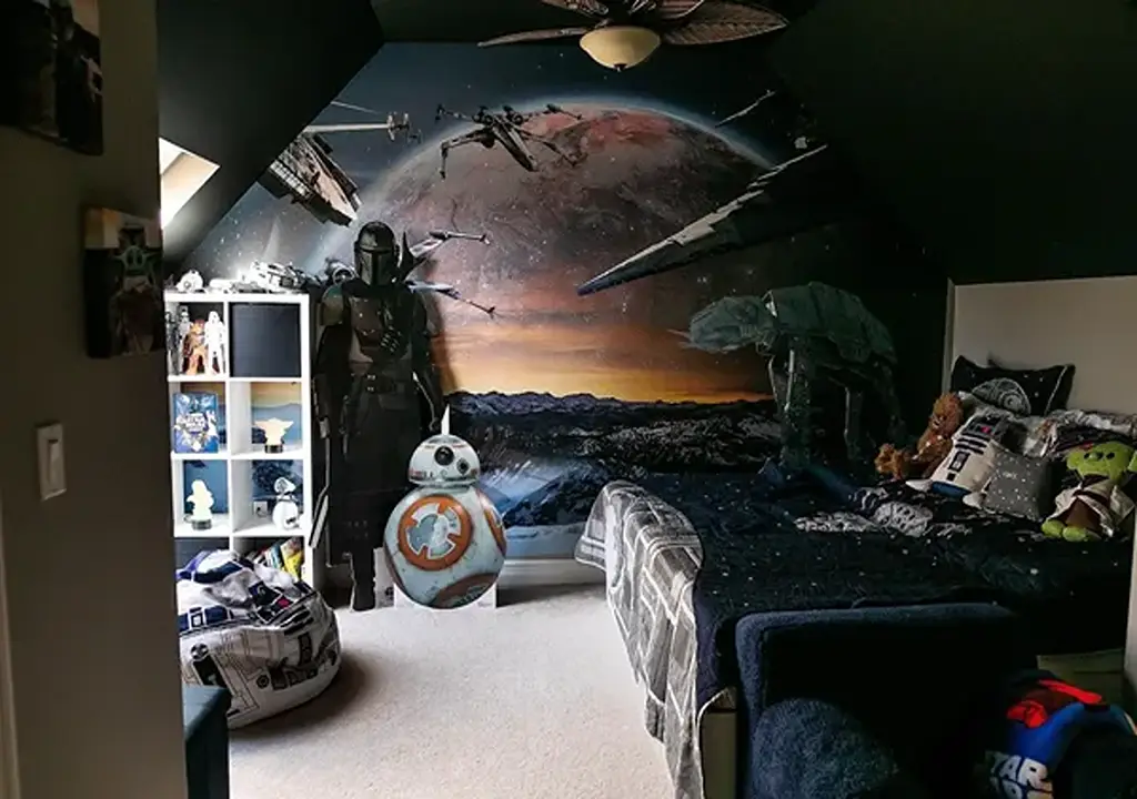Star Wars themed accent wall with wallpaper and dramatic dark walls created by Platinum Painting Plus